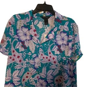 Investments women’s Large teal floral print blouse  V Neck Short Sleeve Tropical